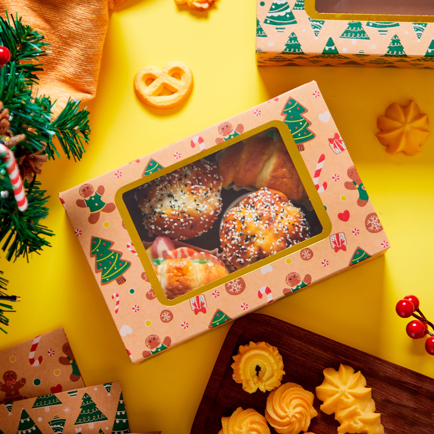 Joyfy 24 Pcs Christmas Foil Cookie Boxes with Window 8.75" x 5.75" x 2.75”Bakery Treat Gift Box for Pastries, Cupcakes, Cookies, Brownies, Donuts Gift Giving