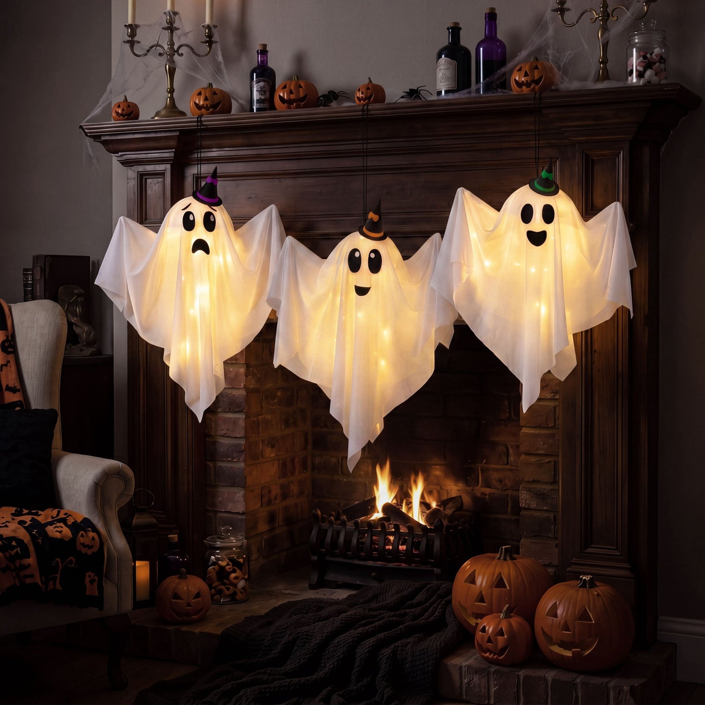Joyfy 3Pcs Hanging Ghosts Halloween Decor,Halloween Light up Cute White Ghosts with Witch Hats and Various Expressions,Halloween Outdoor Yard Porch Decorations