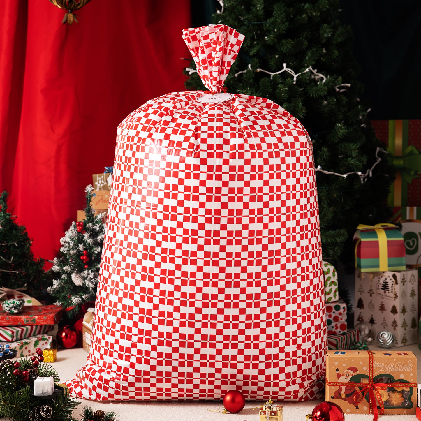 Joyfy 3 Pcs Jumbo Christmas Gift Bags, 56”x36” Red Xmas Large Plastic Gift Bags with Tags for Santa Parties Supplies, Gift Wrapping