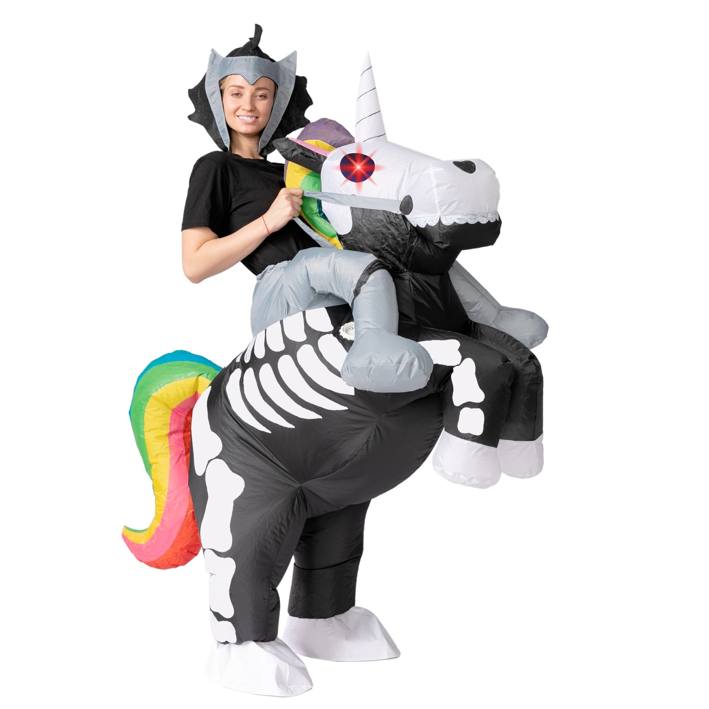 Syncfun Inflatable Halloween Costume, Ride A Skeleton Unicorn Blow Up Costume with LED Light Eyes, Ride On Inflatable Costume for Adult