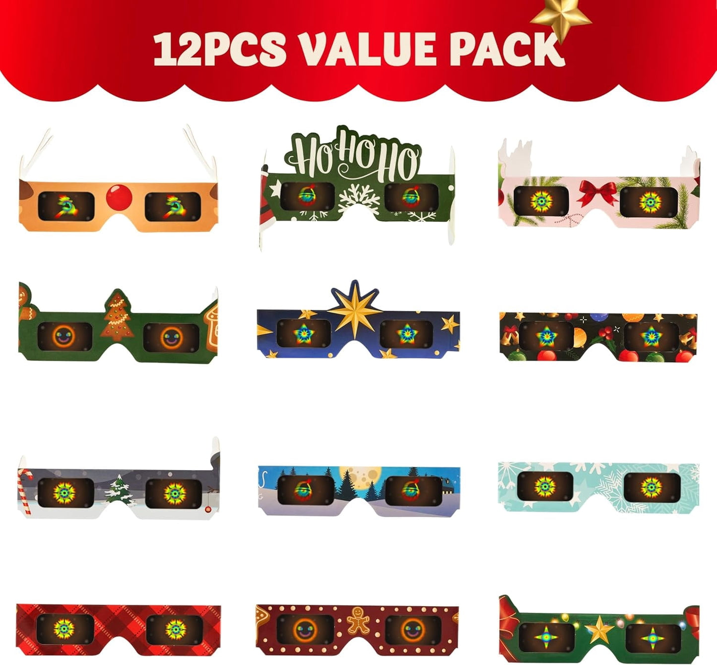 Joyfy 12 Pcs Christmas Paper Glasses Frame Christmas Party Glasses, Costume Eyeglasses Assorted Designs for Adults Party Favors Photo Props(One Size Fits All)