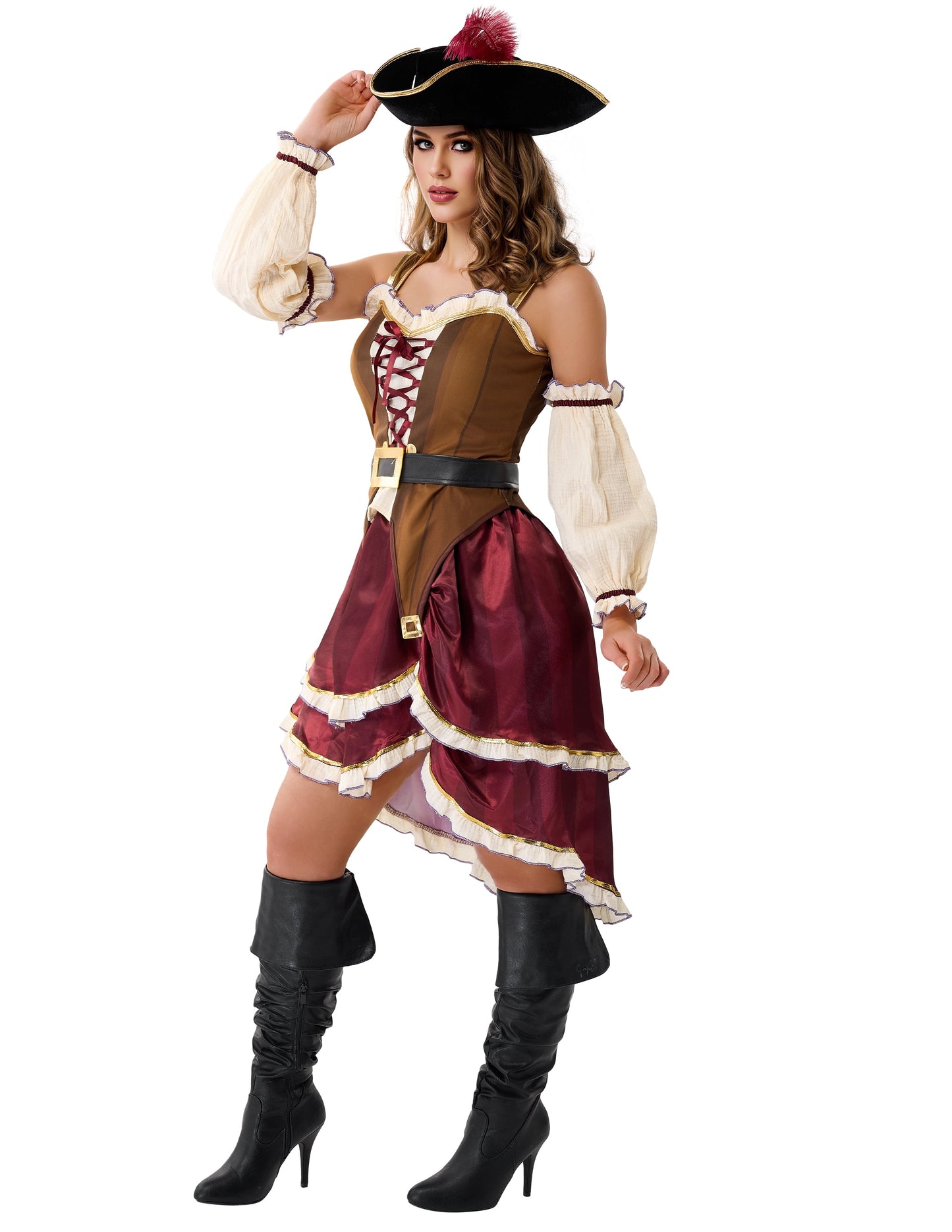 Joyfy Pirate Costume for Women Halloween Adult Pirate Dress with Pirate Hat for Halloween Costume Party Fancy Dress Costume
