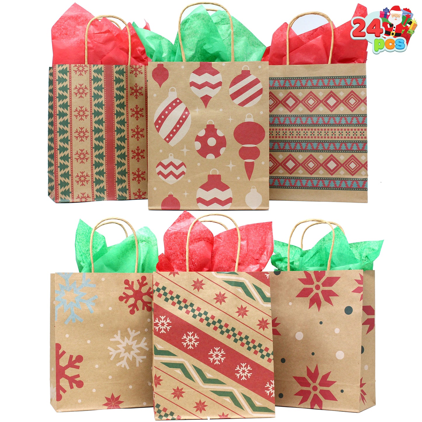 Joyfy 24 Pcs Christmas Present Bags, Kraft Bags with Handle for Christmas Party Favors, Gift Giving, Holidays Decorations, Xmas Treat Bags