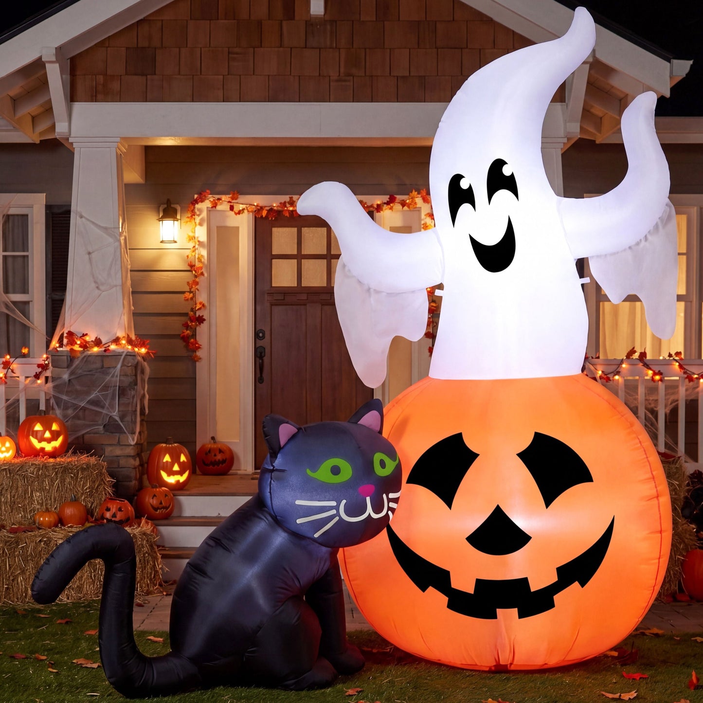 Joyfy 5ft Halloween Inflatable Ghost with Pumpkin and Cat,Lighted Halloween Blow Up Yard Decorations with Built in LED Lights,Outdoor Indoor Yard Lawn Garden Party