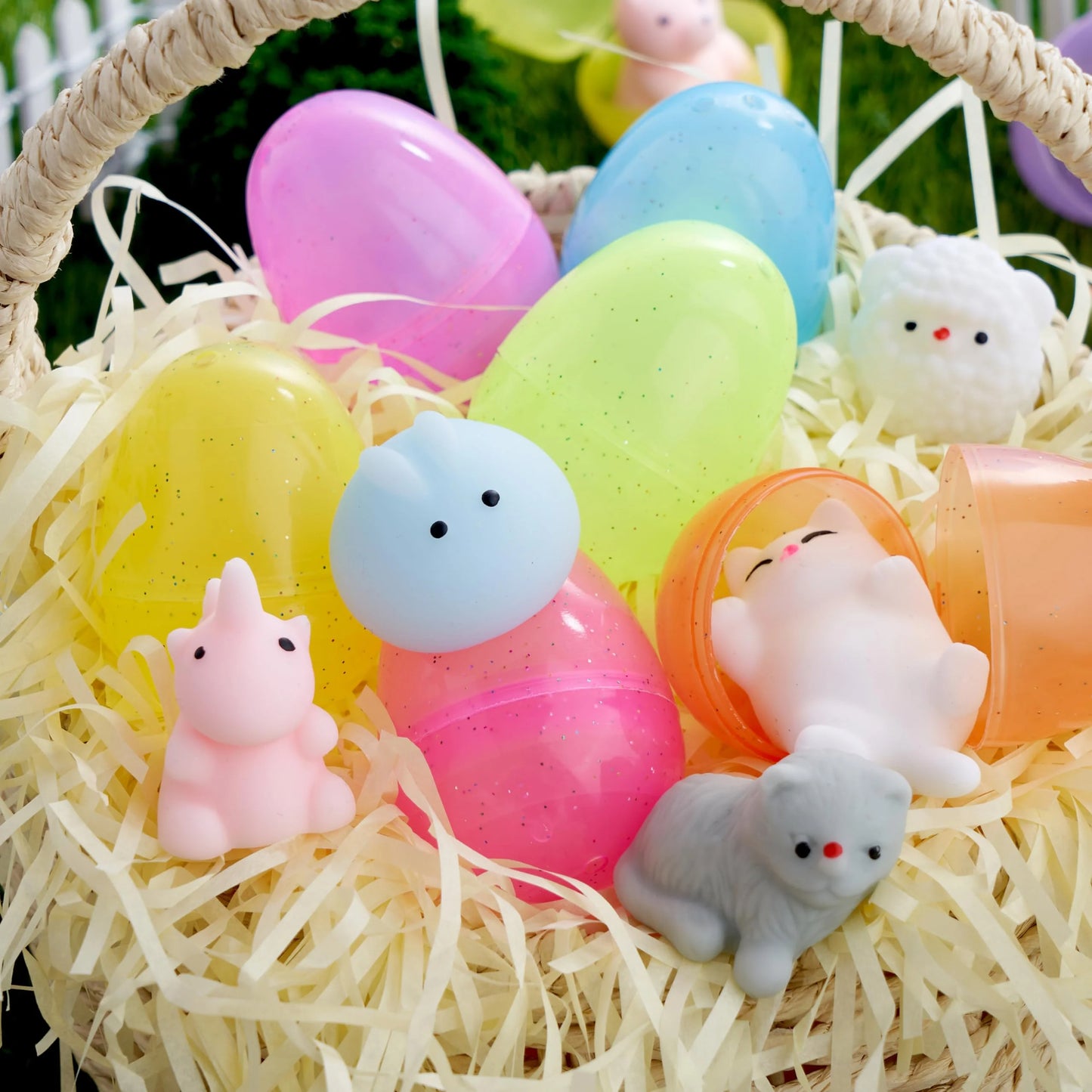 24 sparkling transparent Mochi pre filled Easter eggs, cute stress relieving wet toys for Easter egg hunting