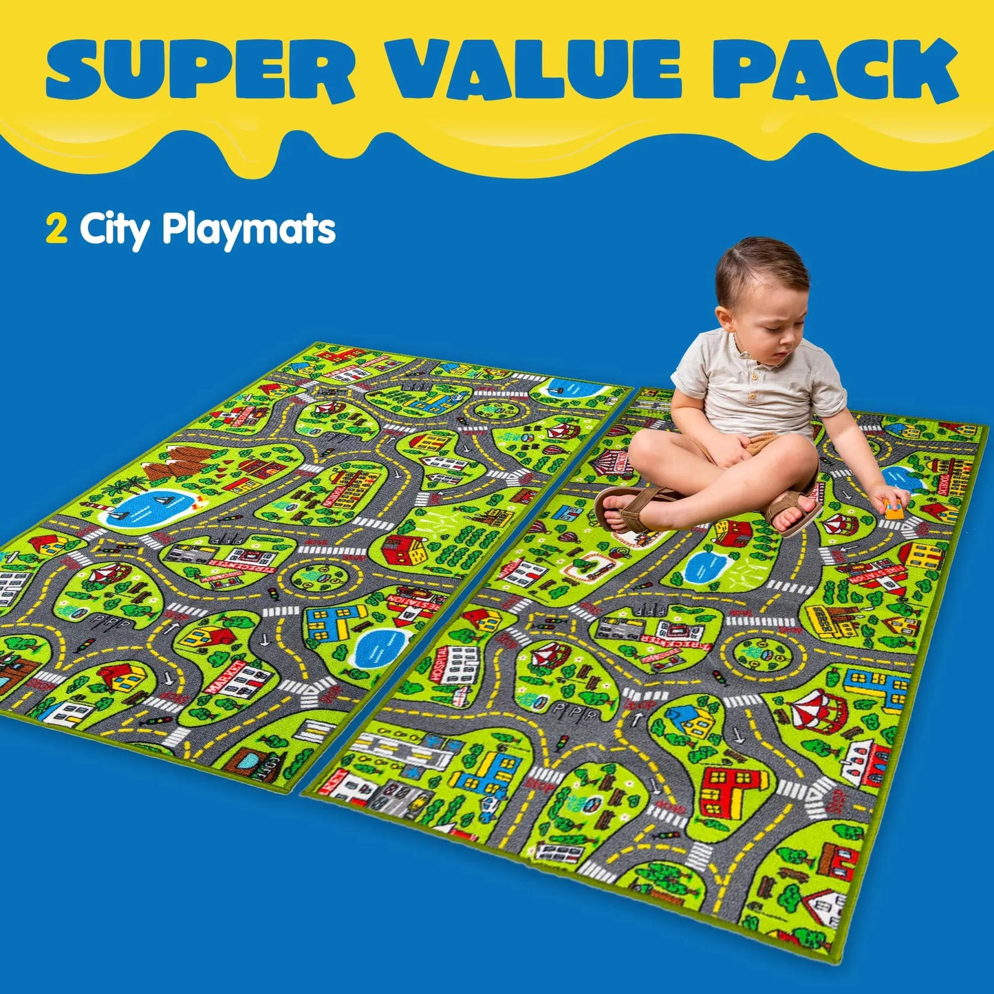Joyfy 2 Pack Kids Car Rug for Playroom, Jumbo Car Play Mat for Toddlers,Durable Car Carpet for City Pretend Play