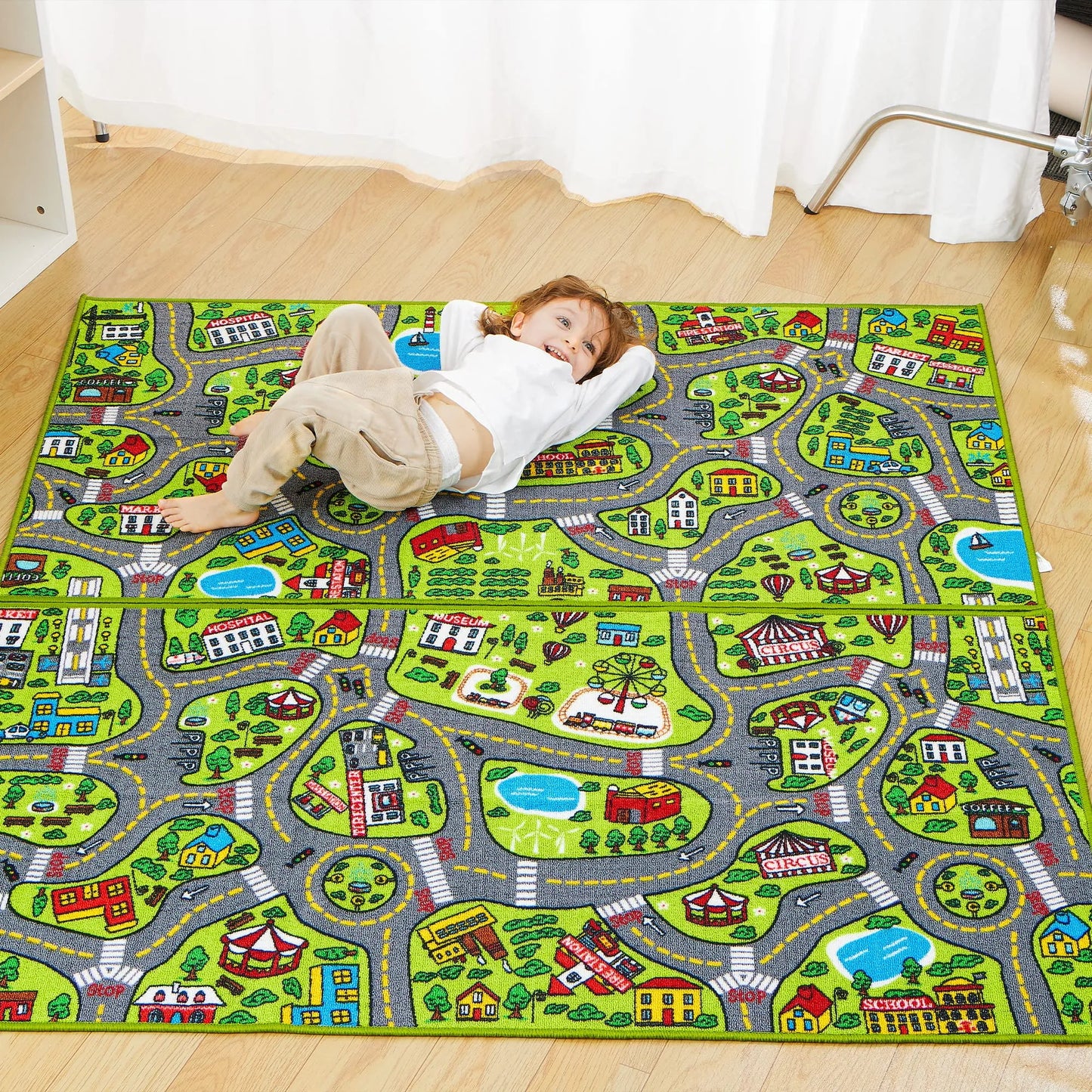 Joyfy 2 Pack Kids Car Rug for Playroom, Jumbo Car Play Mat for Toddlers,Durable Car Carpet for City Pretend Play