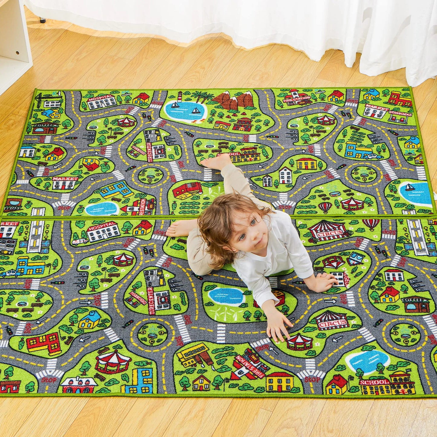 Joyfy 2 Pack Kids Car Rug for Playroom, Jumbo Car Play Mat for Toddlers,Durable Car Carpet for City Pretend Play