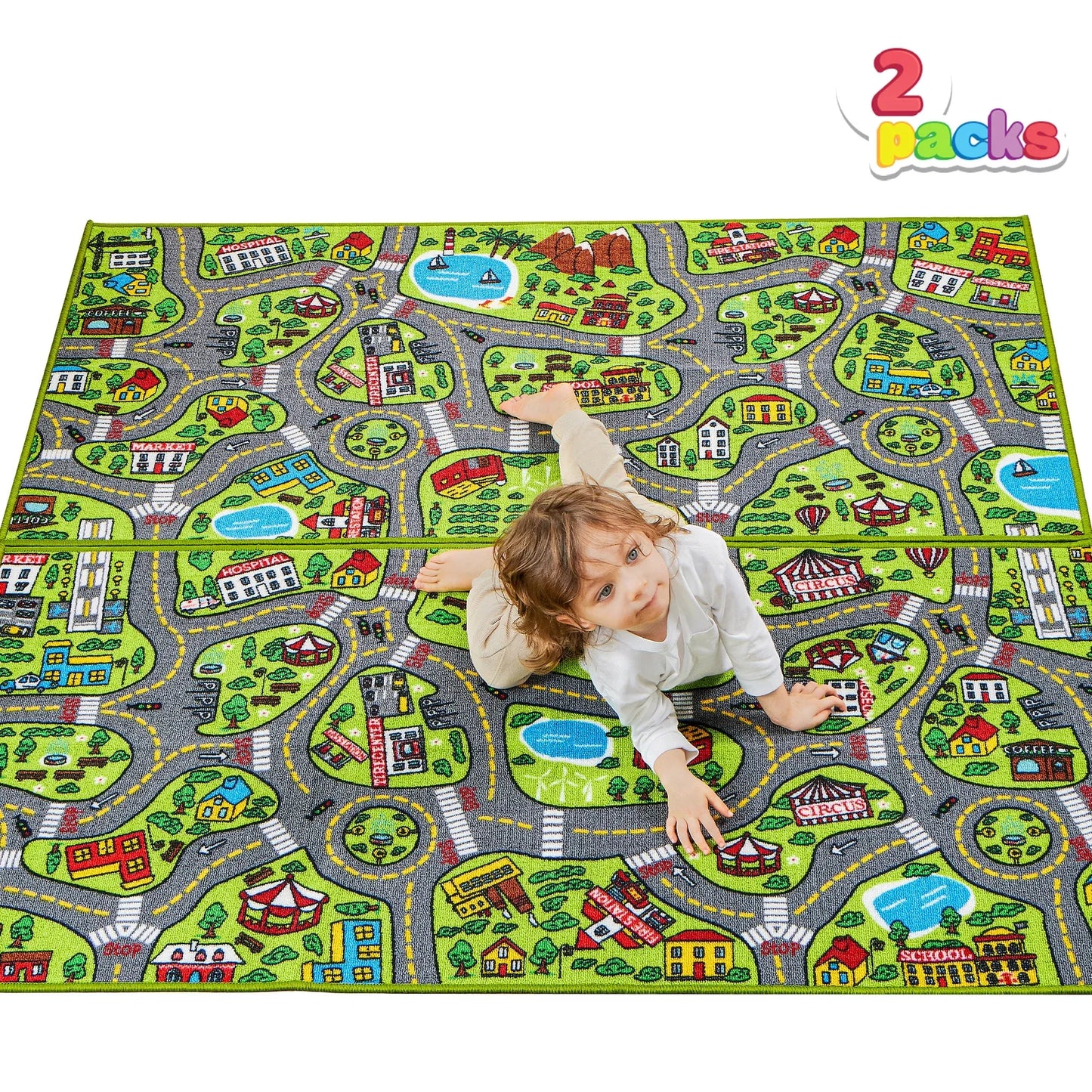 Joyfy 2 Pack Kids Car Rug for Playroom, Jumbo Car Play Mat for Toddlers,Durable Car Carpet for City Pretend Play