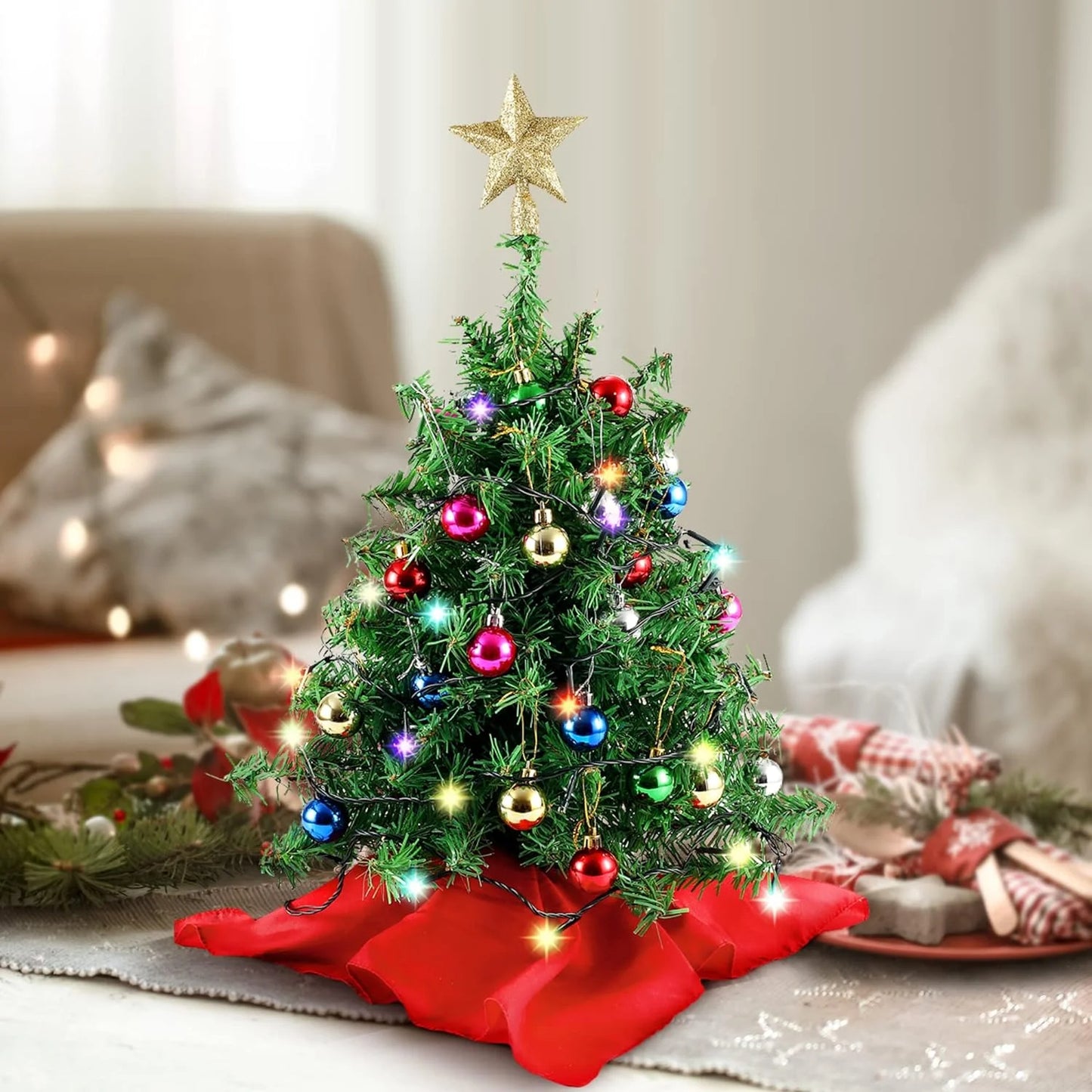 Joyfy 24 Inch Mini Christmas Tree with Lights,Prelit Artificial Christmas Tree with Decorations,Light Up Christmas Ornaments Table Decor (Storage Bag Included)