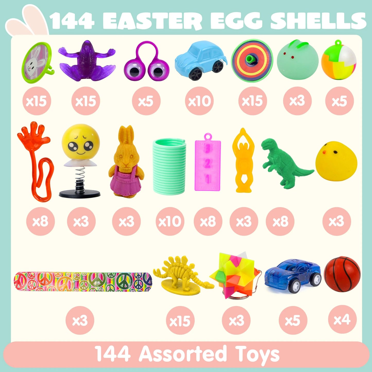 144 pre-filled Easter eggs with a variety of toys for finding Easter eggs