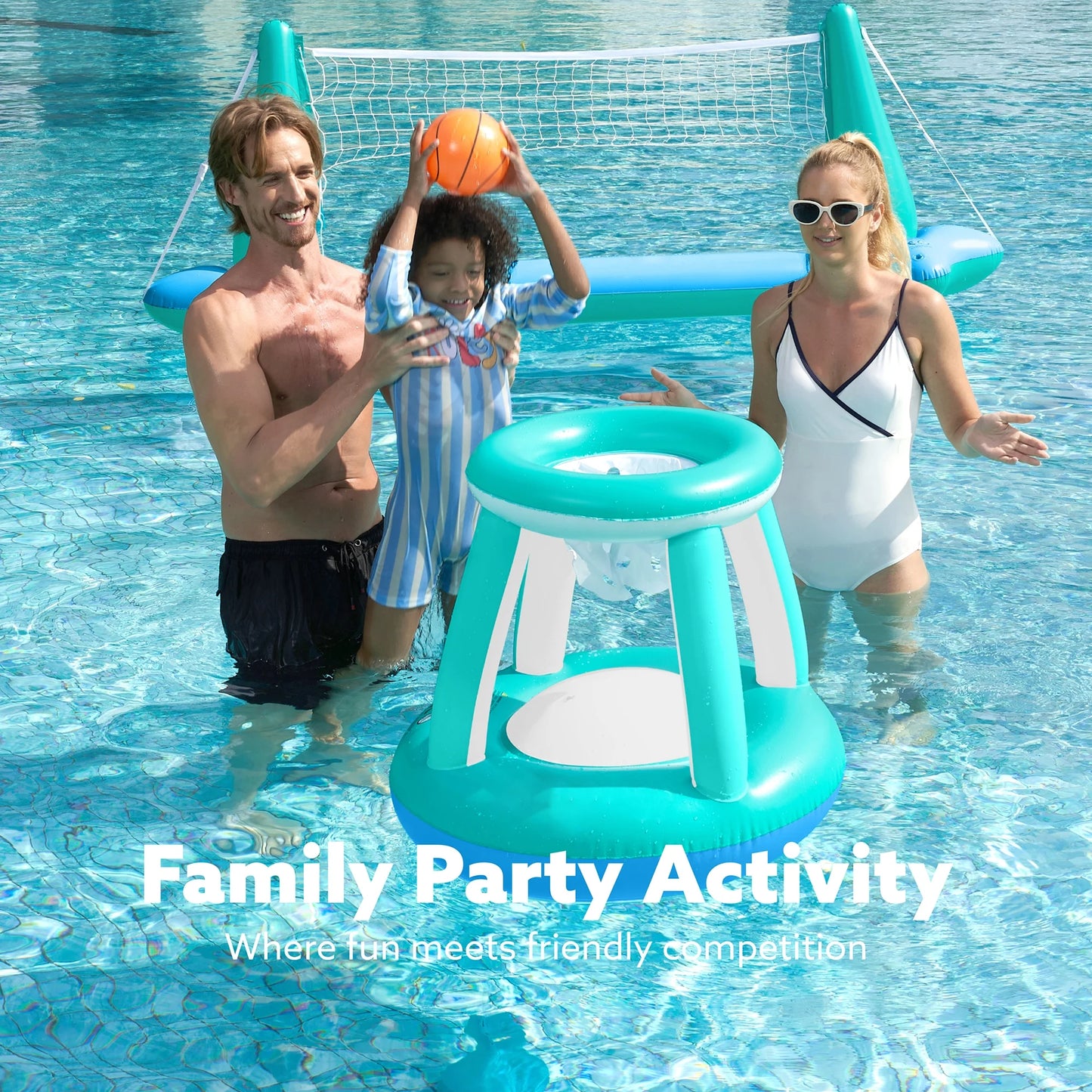 SYNCFUN Inflatable Pool Float Game Set with Inflatable Volleyball Net & Basketball Hoops, Summer Pool Game for Kids and Adults