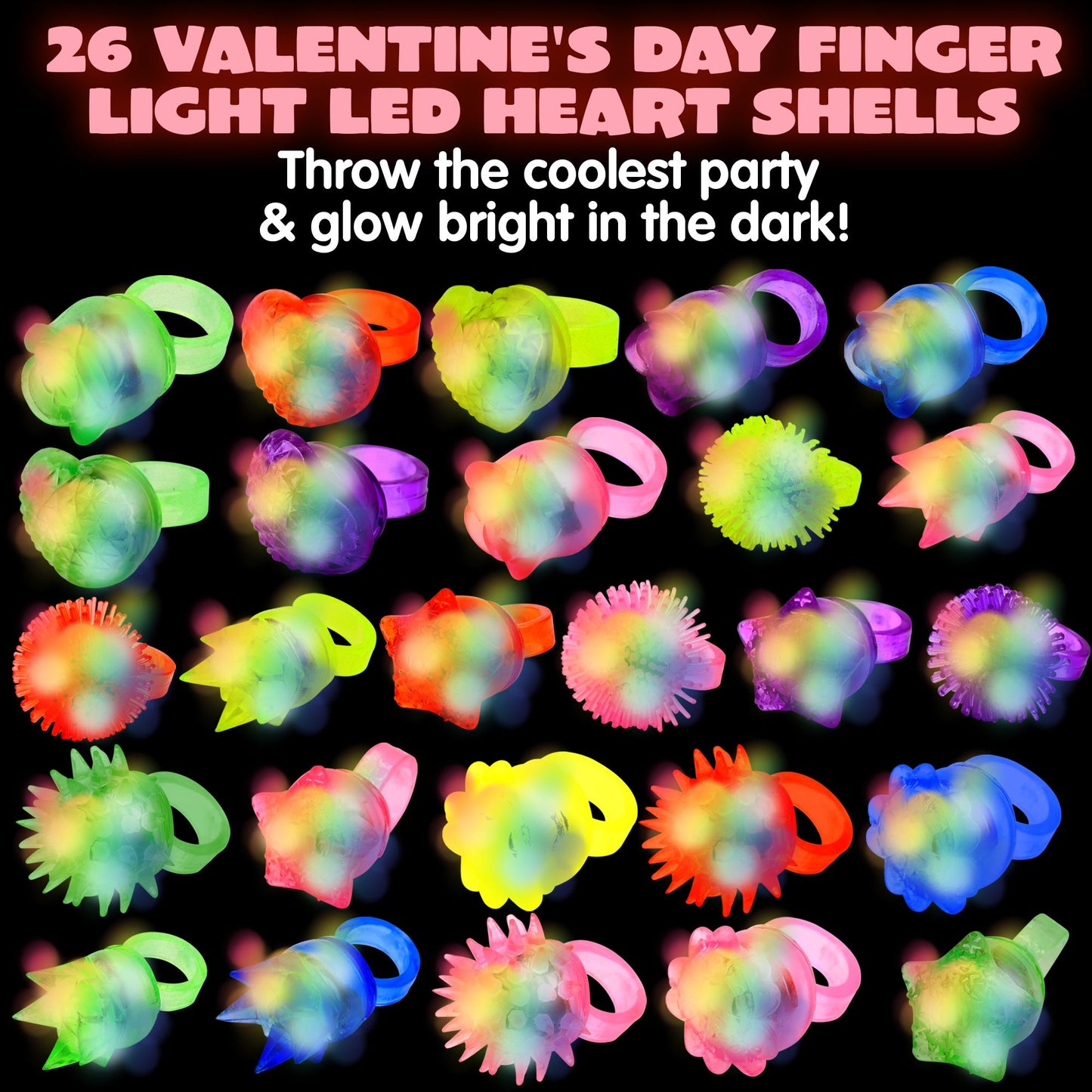 26 Packs Valentines Day Gifts Cards with Light Up Rings Filled Hearts for Kids, Valentine’s Day Glow In The Dark Finger Toys Rings for Boys and Girls Classroom Gift Exchange Game Prizes