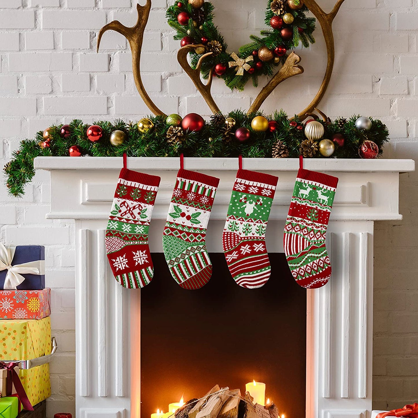 Joyfy 3 Pcs 18" Knit Christmas Stockings, Large Rustic Cable Knit Xmas Stocking in Red & Green for Family Holiday Season Decorations