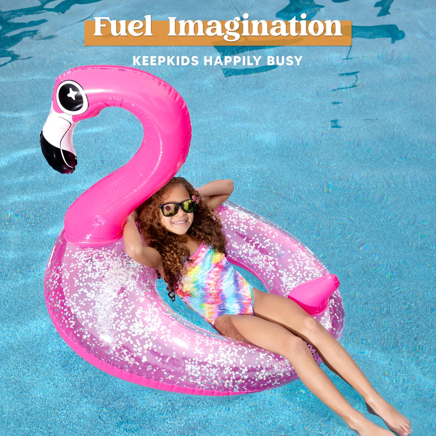 Syncfun Inflatable Flamingo Pool Floats, Pink Flamingo Pool Tube Swim Ring Floaties with Glitter for Adults Kids, Fun Beach Lake Floaty Raft, Summer Swimming Pool Toys Party Decorations