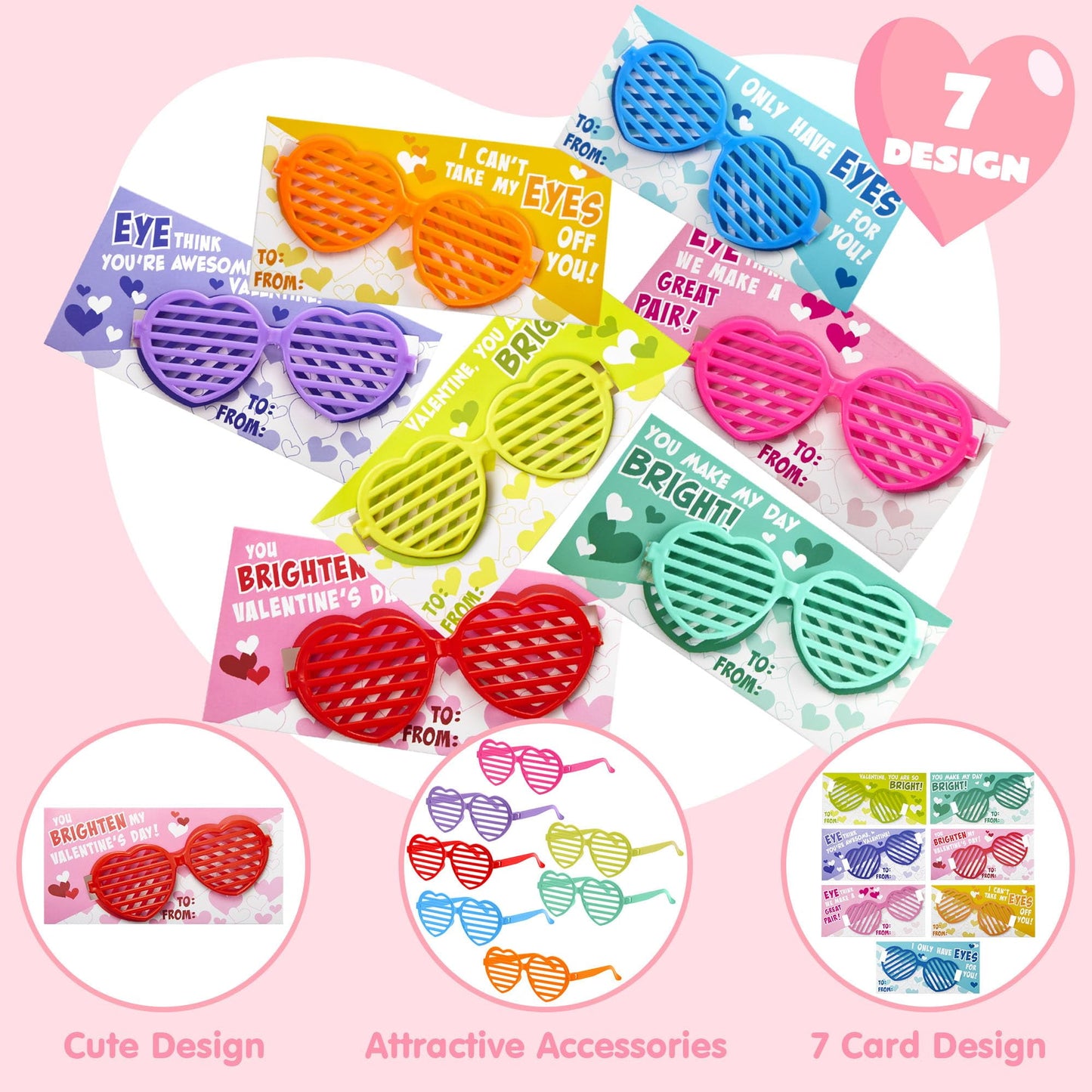 28 Packs Valentines Day Cards with Heart Shaped Glasses for Kids, Valentines School Classroom Exchange Cards Gifts, Valentines Party Favors