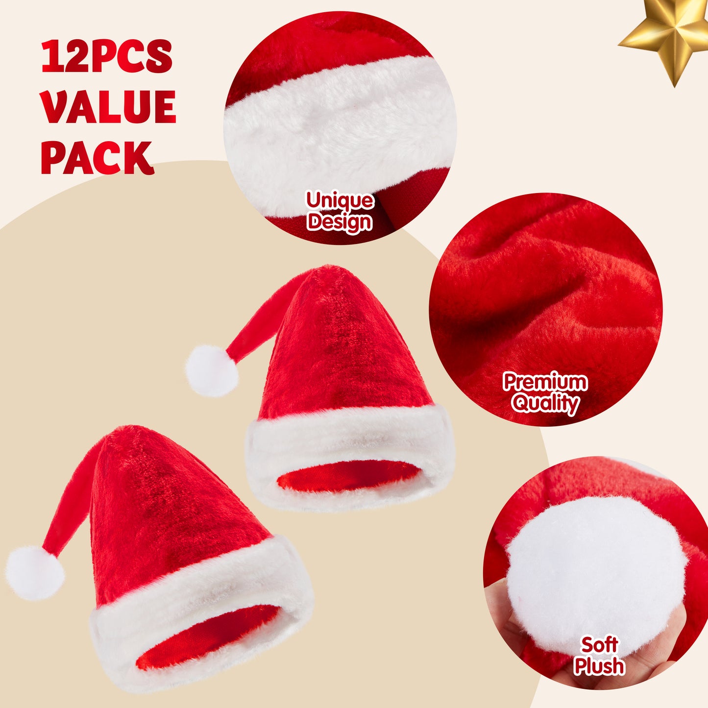Syncfun 12 Pack Santa Hat,12.5 x 20 Inch Santa Hats for Adults Christmas Hats Plush Red Velvet Santa Hats Bulk for Adults Men Women Kids Christmas Party Favors Holiday Props
