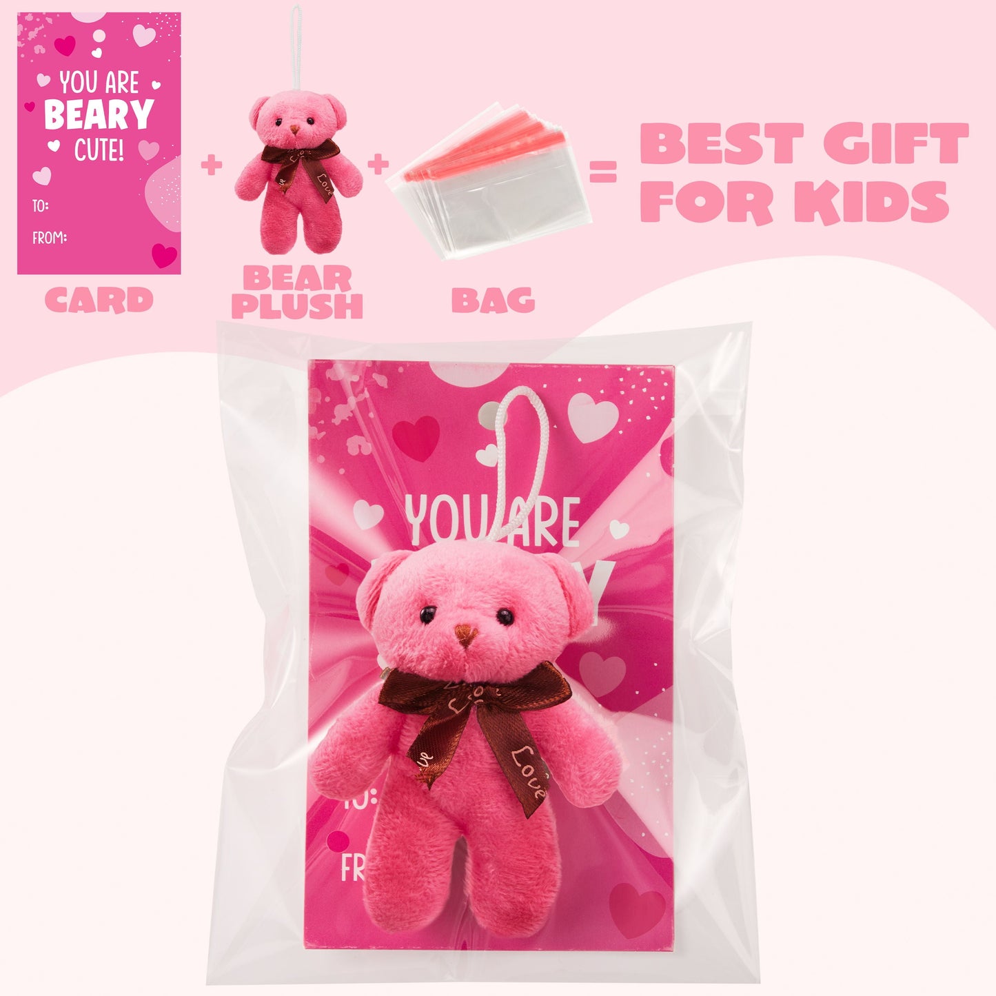 28 Packs Valentine's Day Gift Cards with Mini Bears Plush Toy Party Favors, Mini Stuffed Animal Plush Toys Plush Toy for Valentines Day Gifts, Kids Classroom School Exchange Prize (Brown Bear)