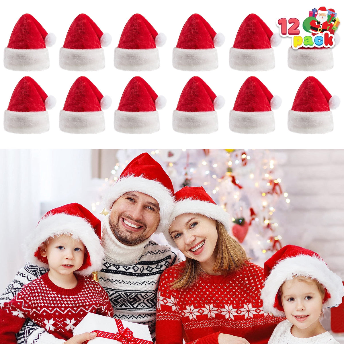 Joyfy 12 Pack Santa Hat,12.5 x 20 Inch Santa Hats for Adults Christmas Hats Plush Red Velvet Santa Hats Bulk for Adults Men Women Kids Christmas Party Favors Holiday Props
