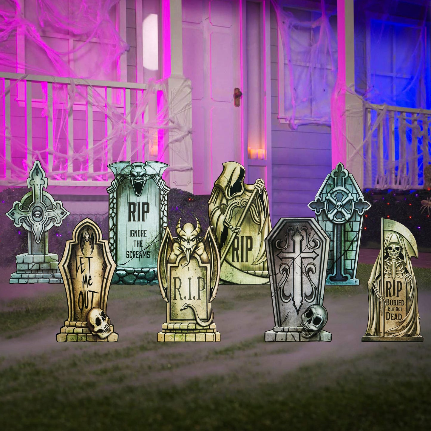 Syncfun 8 Pcs Halloween Tombstones Decorations,16.5" Halloween Foam RIP Graveyard Decorations and 16 Bonus Metal Stakes for Halloween Outdoor Yard Decorations