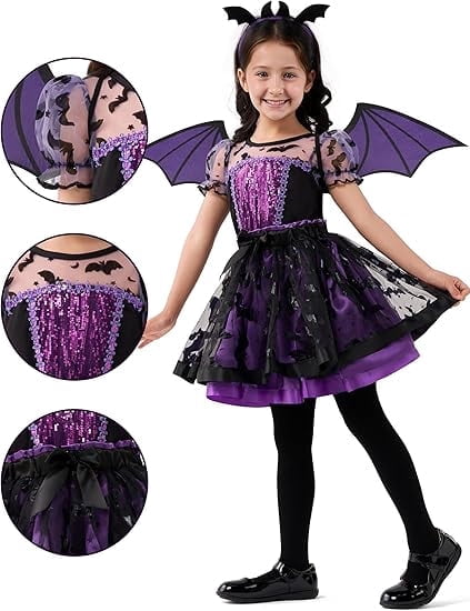 Joyfy Purple Bat Tutu Costume for Girls, Toddler Bat Outfit with Wings Headband for Halloween and Carnival Dress Up