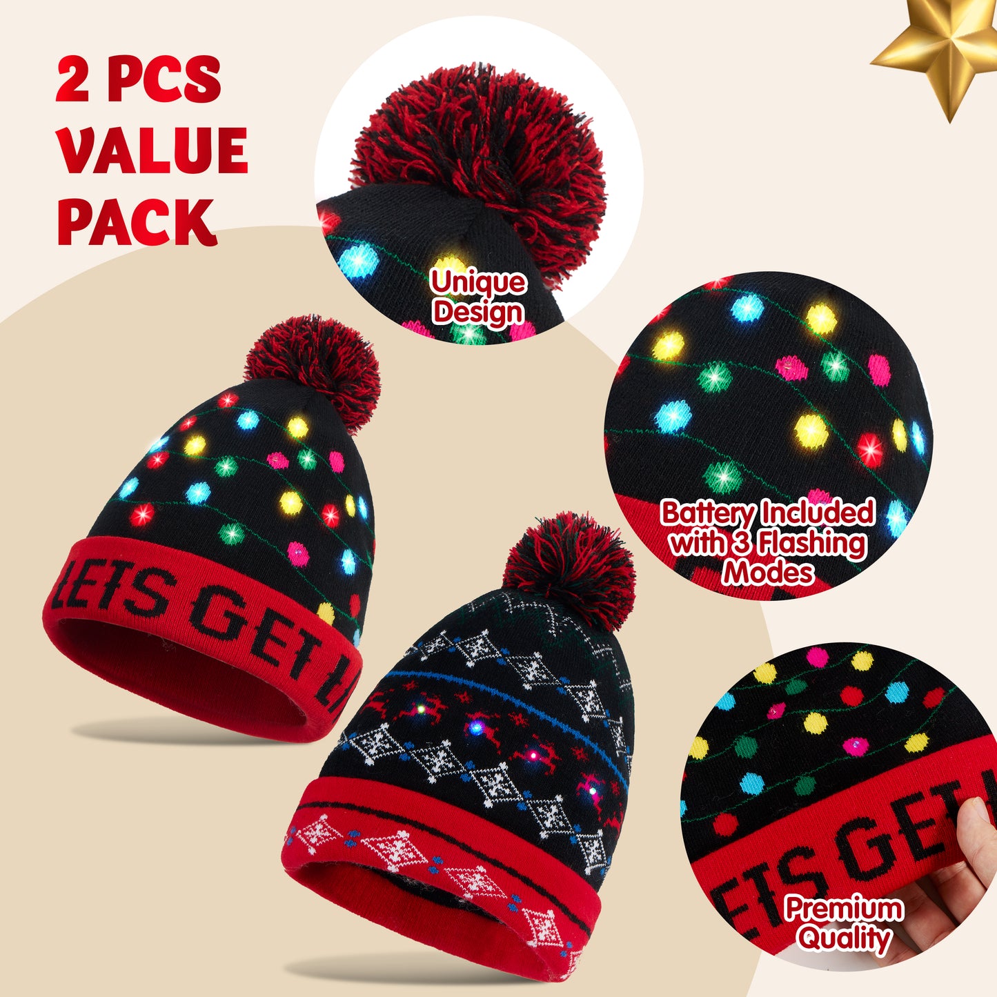 Joyfy 2 Pack LED Christmas Hat,Light Up Ugly Christmas Beanies for Adults,Mens Gifts for Christmas,Funny Hats Christmas Party Favors (Battery Included with 3 Flashing Modes)