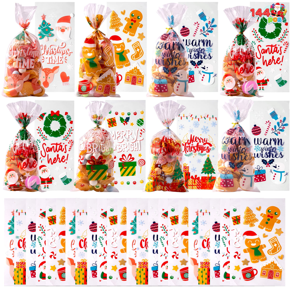 Joyfy 144 Pcs Christmas Cellophane Candy Bags, Holiday Treat Goody Cookie Mini Bags with Ribbon Ties for Festivals Presents, Party Supplies, Xmas Candy Gift, Christmas Gifts (11 x 5 inches)