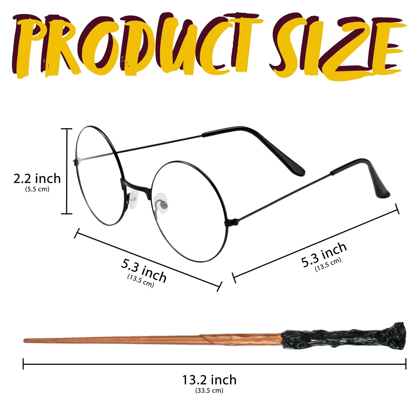 SYNCFUN 2 Pcs Halloween Wizard Costume Accessories Set with Black Nerd Circle Glasses and Novelty Witch Magic Wands,Cosplay Accessories for Kids and Adults Dress Up