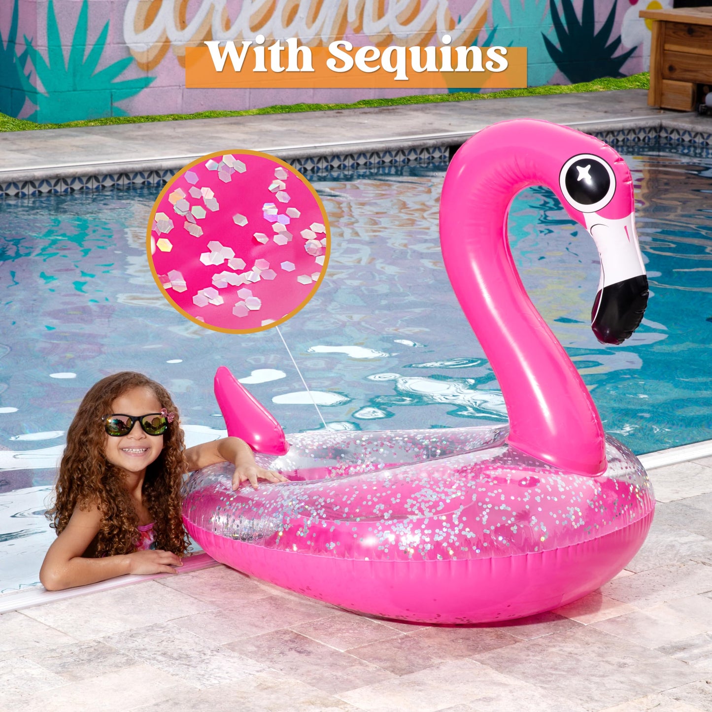 Syncfun Inflatable Flamingo Pool Floats, Pink Flamingo Pool Tube Swim Ring Floaties with Glitter for Adults Kids, Fun Beach Lake Floaty Raft, Summer Swimming Pool Toys Party Decorations