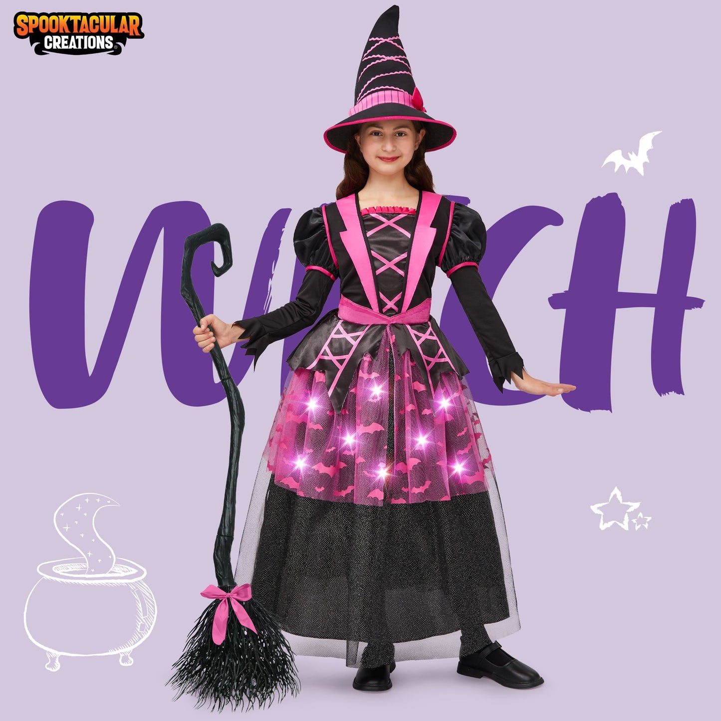 Syncfun Light Up Witch Costume Set for Girls, Starry Witch Dress with Broom Hat for Kids and Toddlers, Perfect for Halloween Party Dress-Up Cosplay Age up to 3