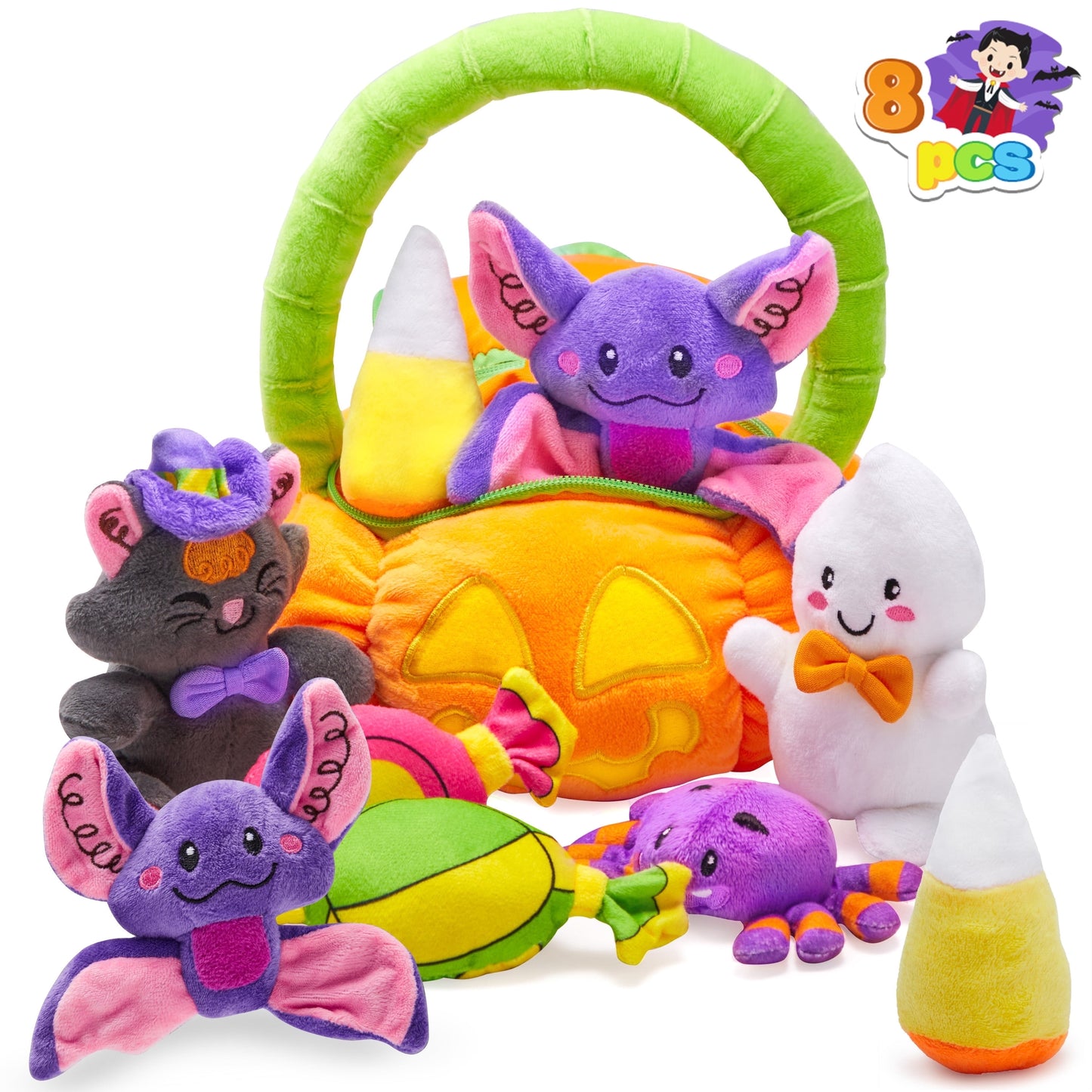 Joyfy 8 Pcs Halloween Basket with Stuffed Plush,Halloween Gift Basket Stuffers for Baby Kids Toddler,Halloween Toys,Halloween Pumpkin Decorations