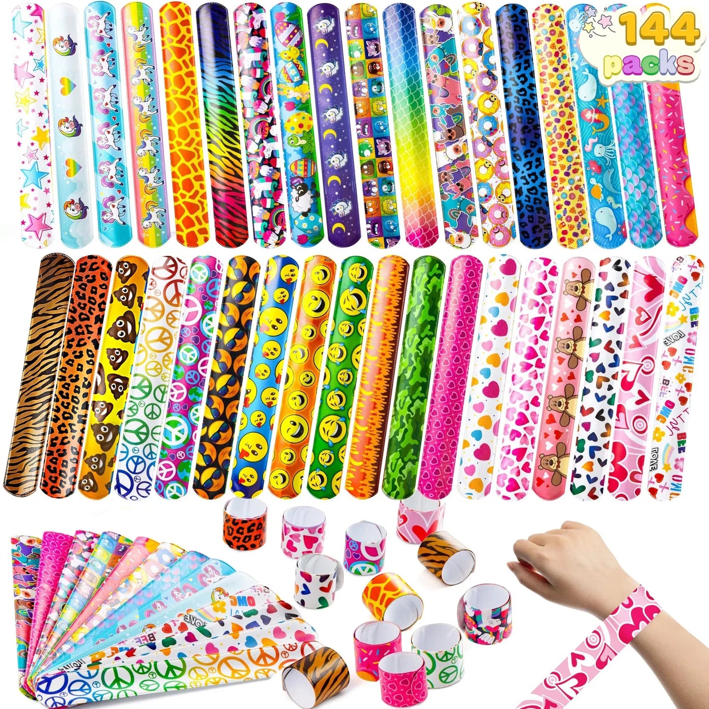 Joyfy 144 Pcs Slap Bracelets Party Favors for Kids, Bulk Wristbands with 36 Designs for Birthday Goody Bags Stuffers, Classroom Prizes Exchanging Gifts, Pinata Stuffers
