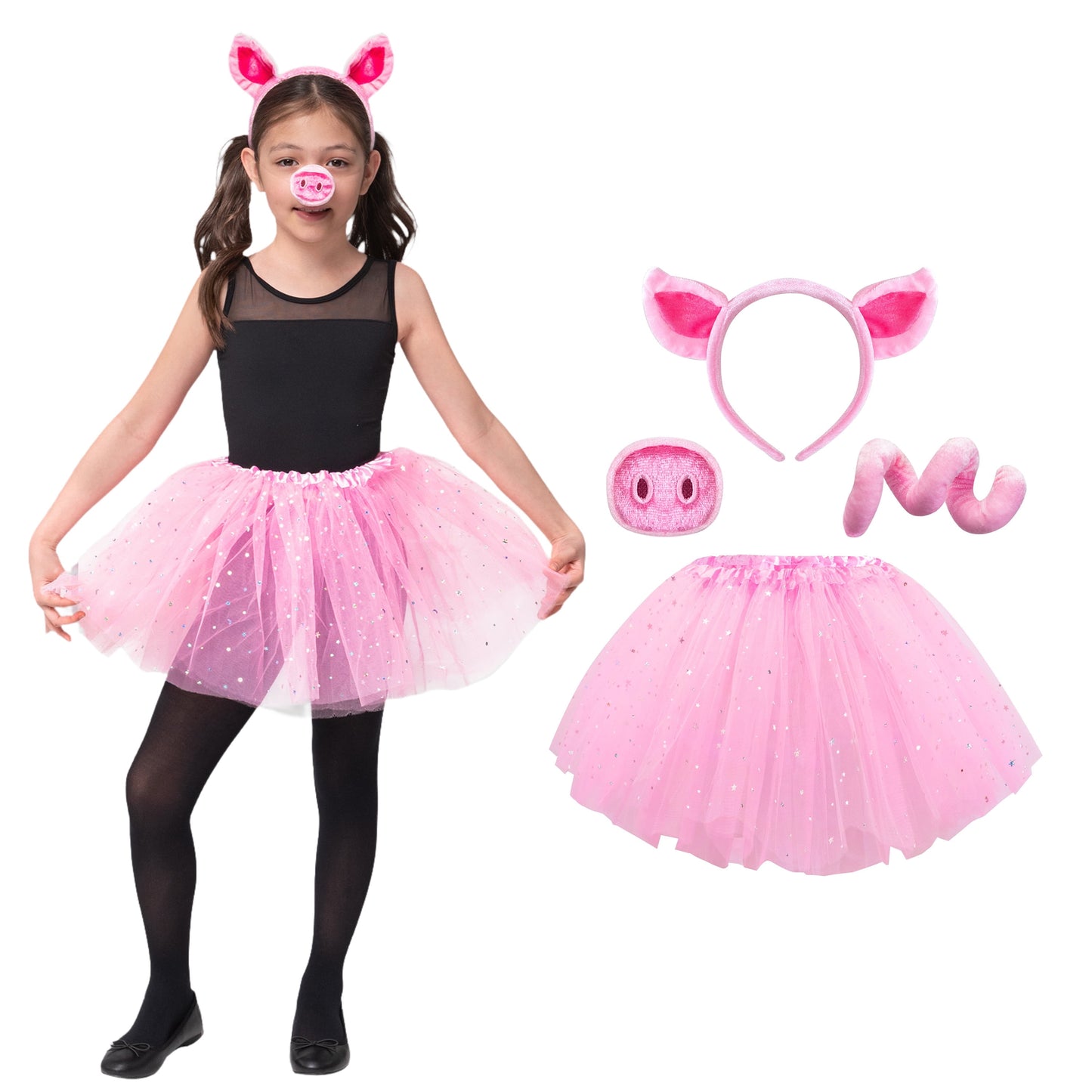 Joyfy 4 Pcs Pink Pig Costume Set with Pig Ears Nose Tail Tutu Skirt for Girls, Halloween Animal Fancy Costume Accessories for Kids