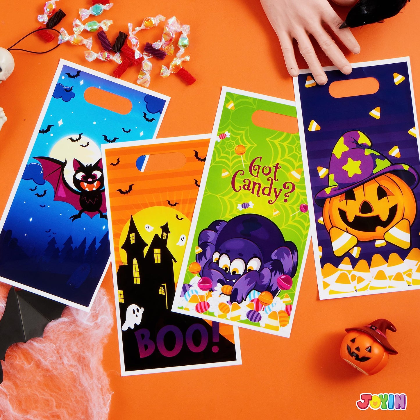 Joyfy 72 Pcs Halloween Treat Bags Goodie Bags Plastic Halloween Candy Bags Trick or Treat Creepy Designs Halloween Bags for Kids Trick or Treat,Classroom Goody Bags