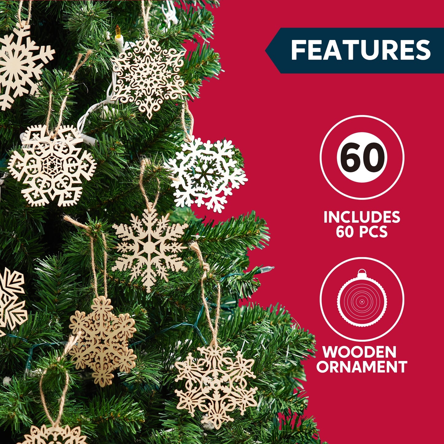 60 Pcs Wooden Snowflake Ornaments for Christmas Tree Decoration and Holiday Party Favors
