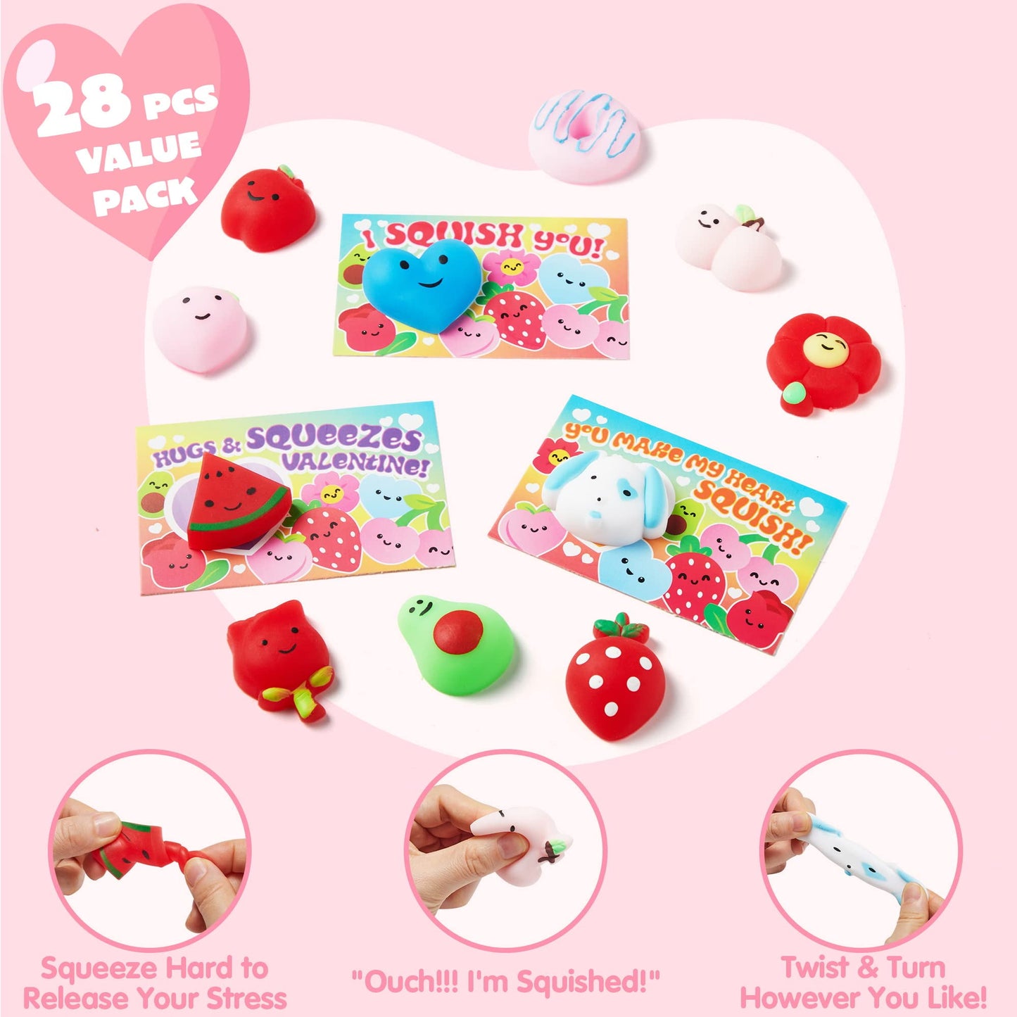 28 Packs Valentines Day Gift Cards with Mochi Squishy Toys, Stress Relief Fidget Toys for Kids Valentine Classroom Favors