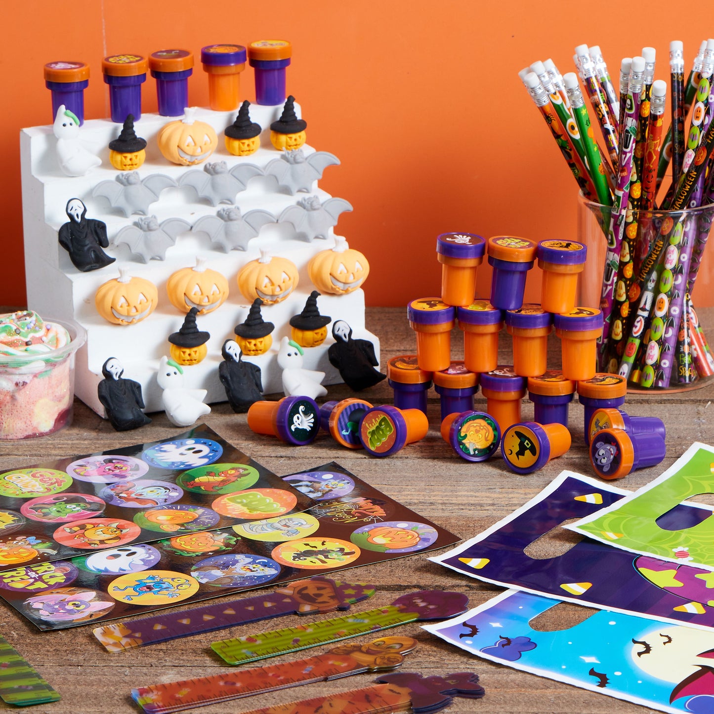Joyfy 144 Pcs Halloween Stationery Set for Kids,Halloween Pencils Stickers Erasers Stamps Party Favors,Halloween Trick or Treat Bags,Halloween Gifts for Kids,Classroom Favors