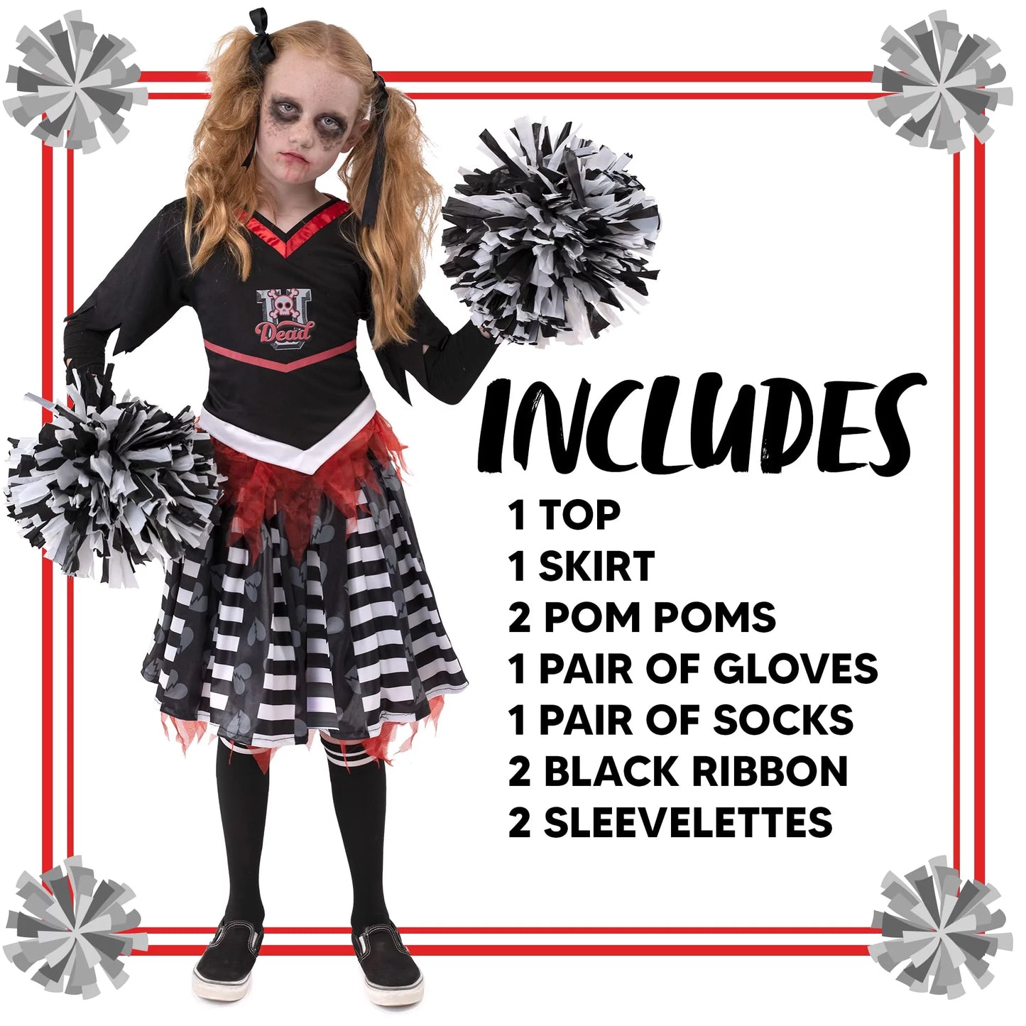 Spooktacular Creations Kids Cheerleader costume, Cheerless Costume for Girls, Scary Spiritless Cheerleader Outfit for Halloween Dress UP, L