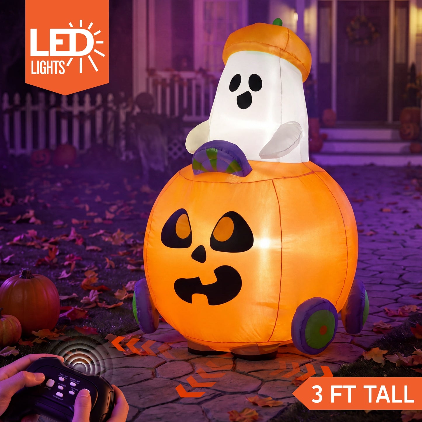 Joyfy 3 ft Halloween Inflatable Ghost with Pumpkin Car,Remote Control Moving Blow Up Toy with Music & LED Lights,Indoor Outdoor Decoration for Party,Yard