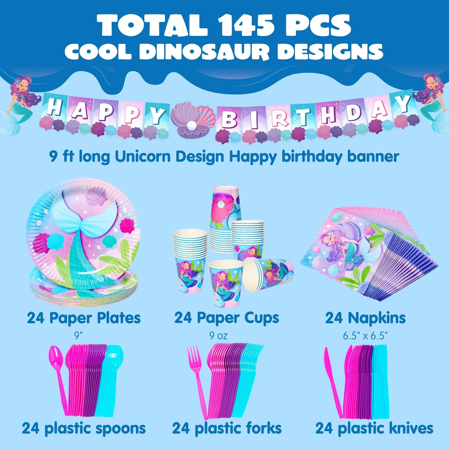 Syncfun 145 Pcs Mermaid Party Supplies for Kids Birthday with Banner 24 Serves Disposable Tableware Set with Plates, Cups, Napkins & Cutlery, Mermaid Birthday Party Decoration for Girls
