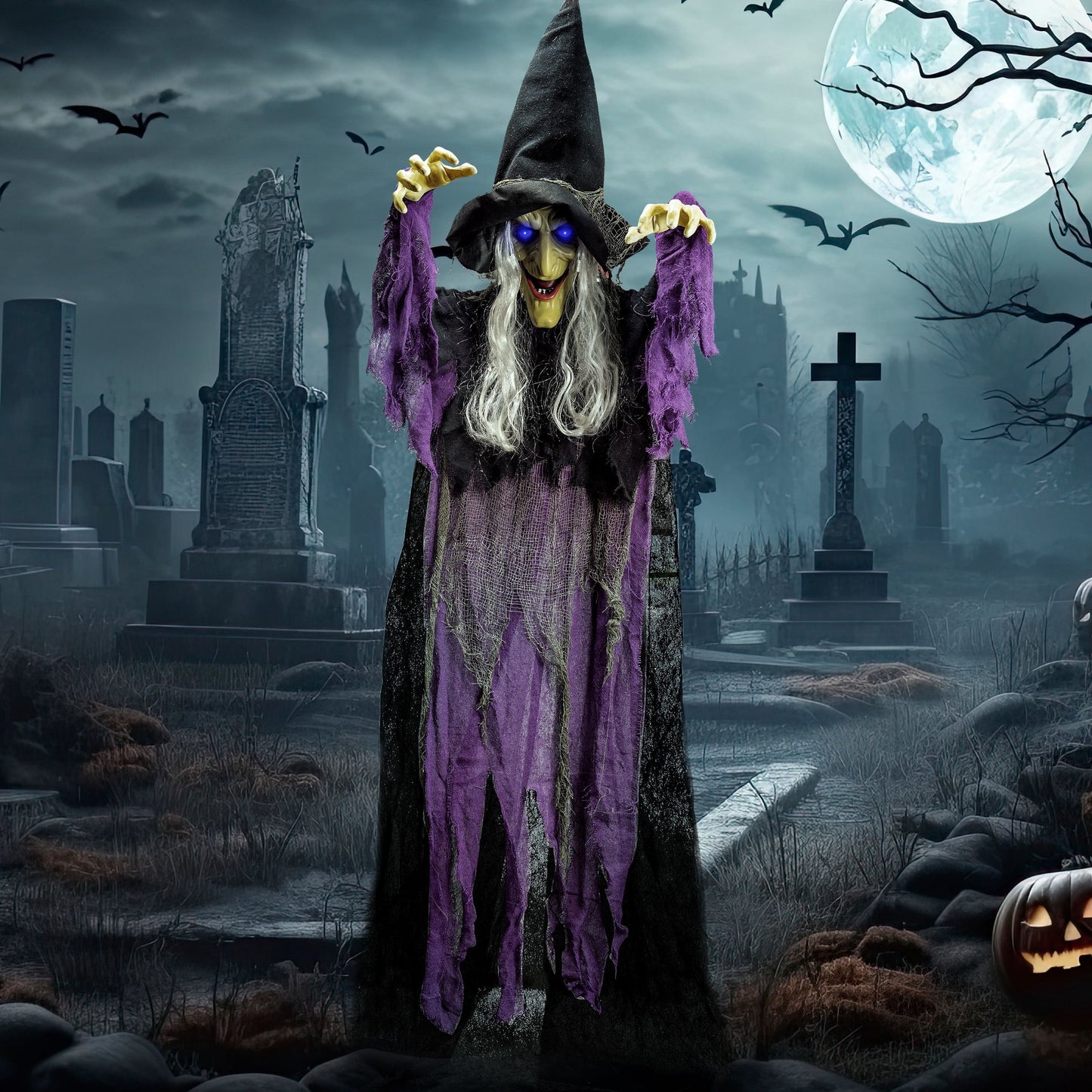Joyfy 72 Halloween Witch Decoration,Outdoor Scary Halloween Animatronic Hanging Witch with Light Up Eyes and Sound Decoration for Halloween Outdoor