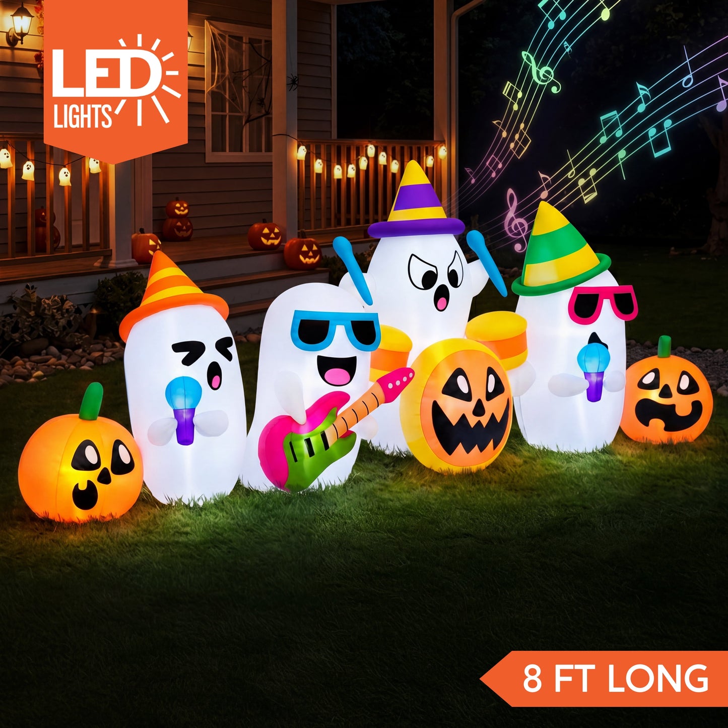 Joyfy 8FT Long Ghosts Inflatable Decoration with Music, Halloween Inflatable Outdoor Decoration with Built in LED Lights and Music Box, Blow Up Yard Decorations