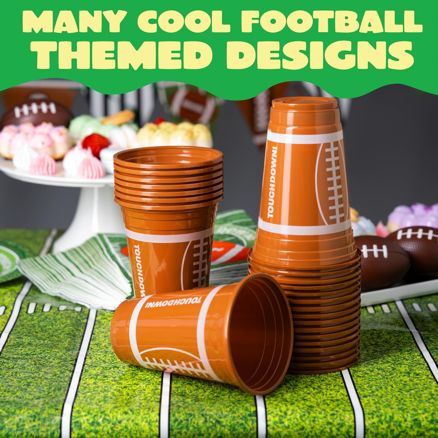 24-Pack Party Cups Bulk, 16 oz Football Disposable Plastic Cups Festive Tableware for Football Themed Party Supplies, Decorations, Party Drink Cups