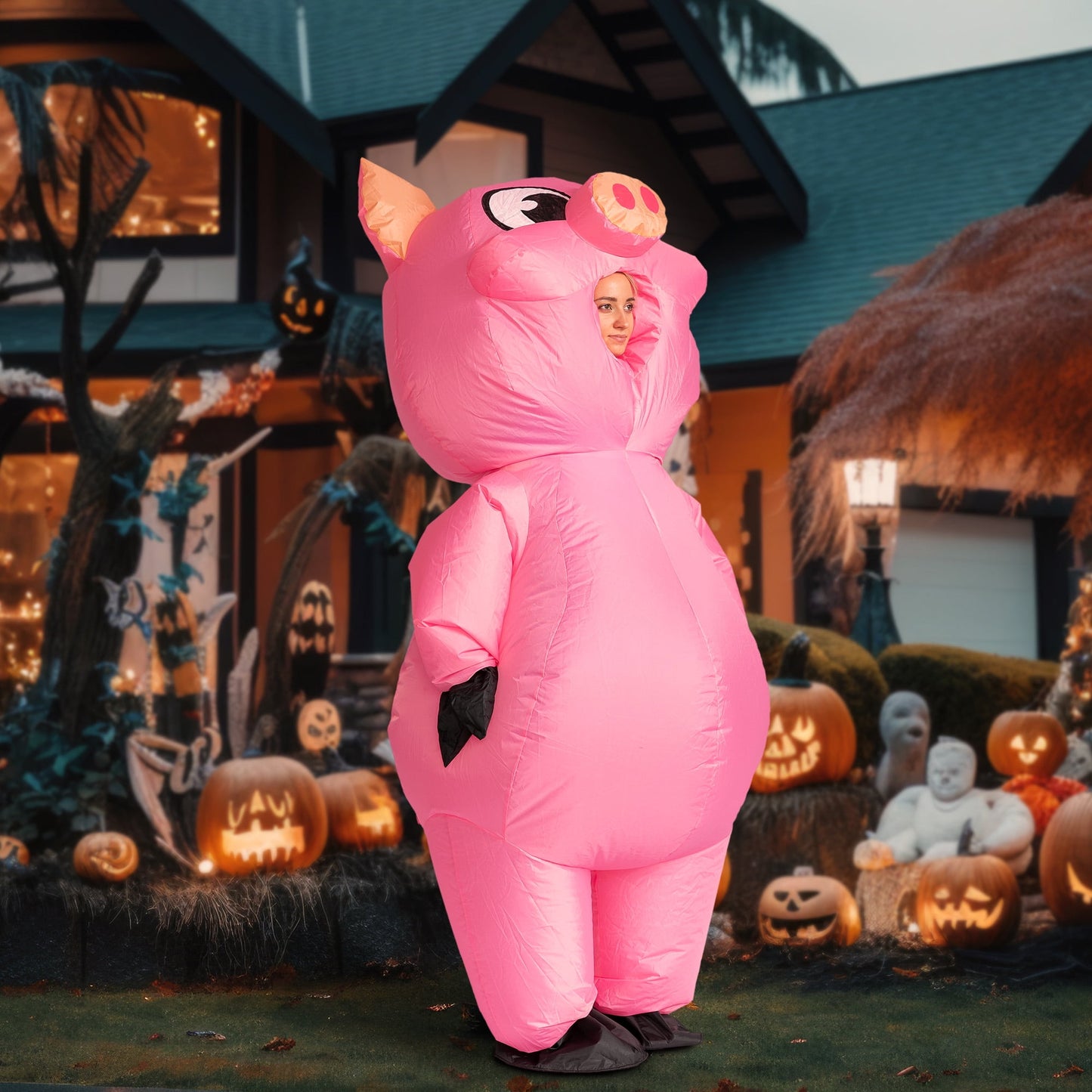 Joyfy Adult Inflatable Pig Costume, Air Blow Up Pink Piggy Jumpsuit Costume for Halloween Party, Cosplay, Role Play and Themed Dress Up
