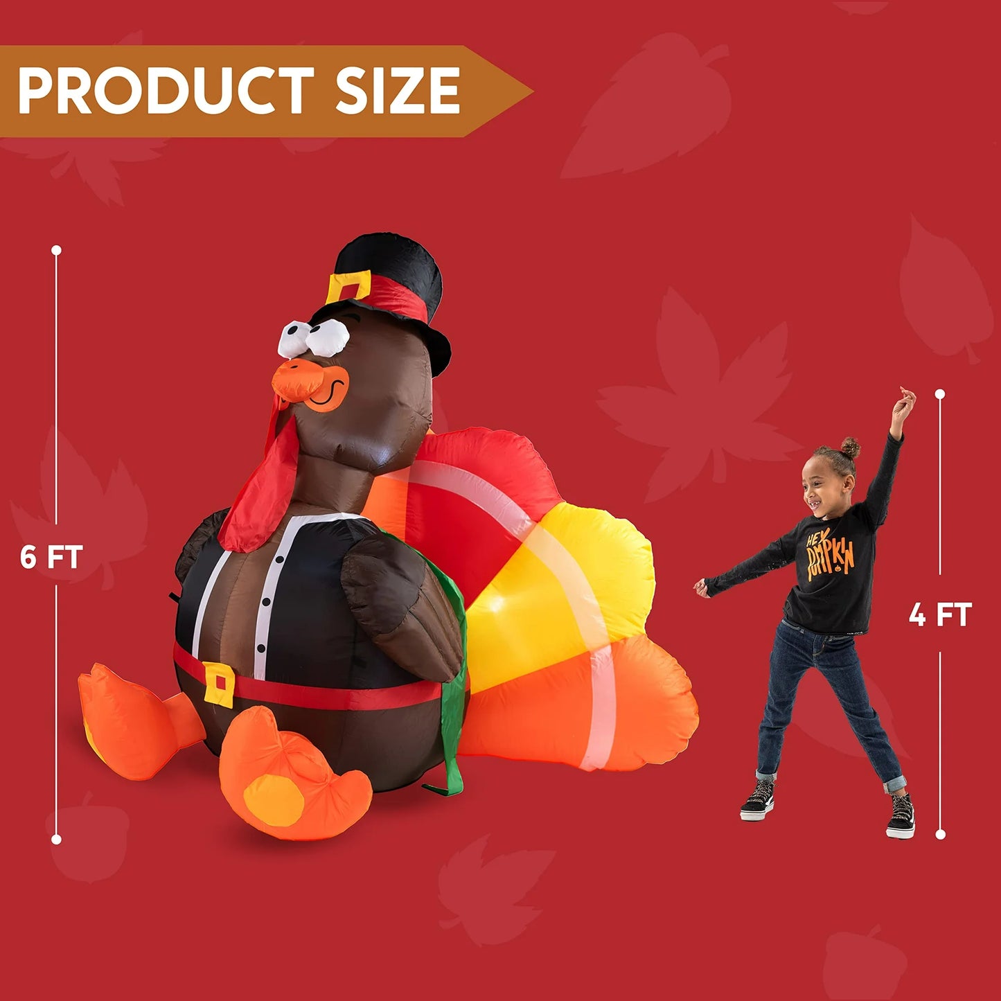 Joyfy 6FT Thanksgiving Inflatable Turkey with Pilgrim Hat and LED , Perfect for Thanksgiving Yard Inflatable Decorations
