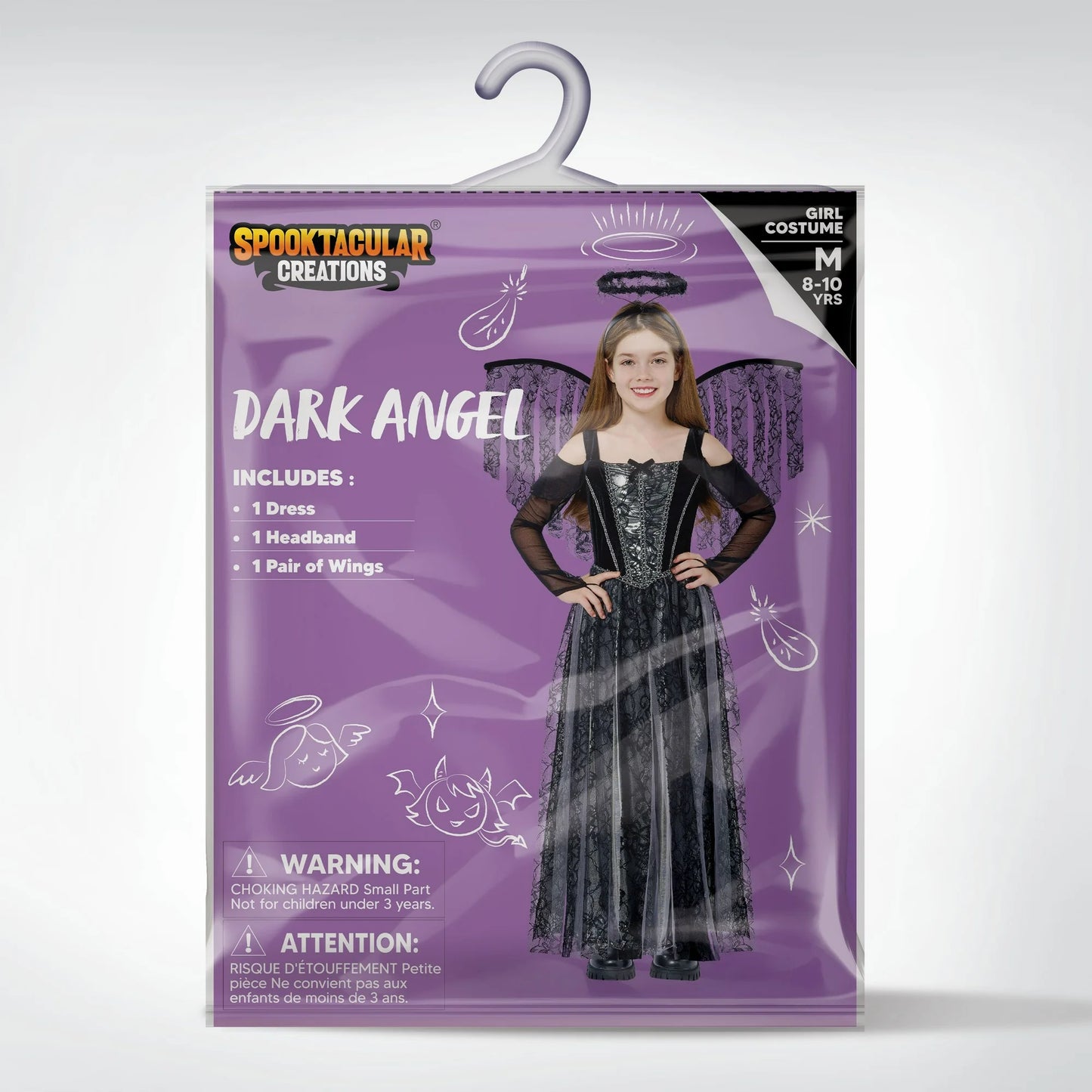 Syncfun Angel Costume for Kids, Angel Black Dress With Wing Headband Halloween Devil Costume Set for Girls Halloween Party Dress Up 8+
