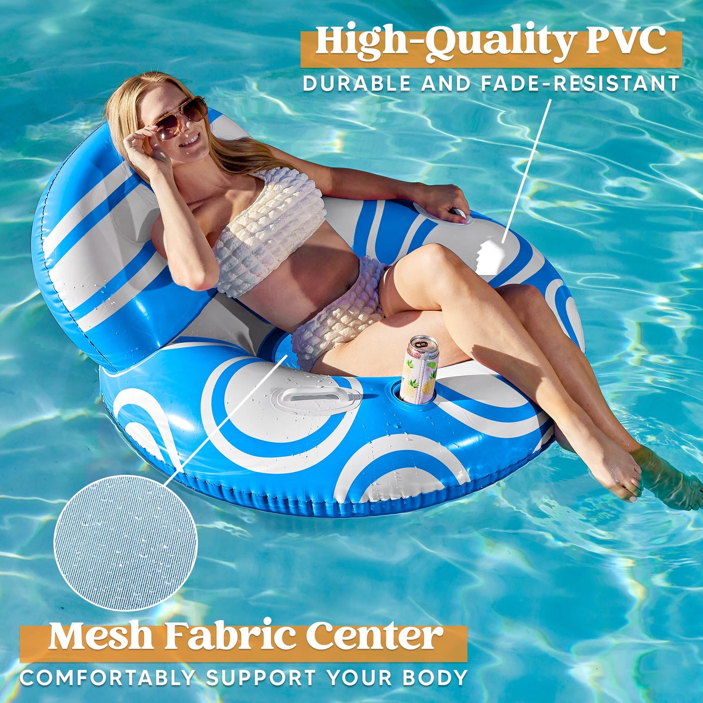 SYNCFUN Inflatable Pool Float Chair with Backrest, Floating Pool Chair Lounge Floats for Swimming Pool Water Chair Pool Lounger with Cup Holder Pool Toys Party Floaties for Adults