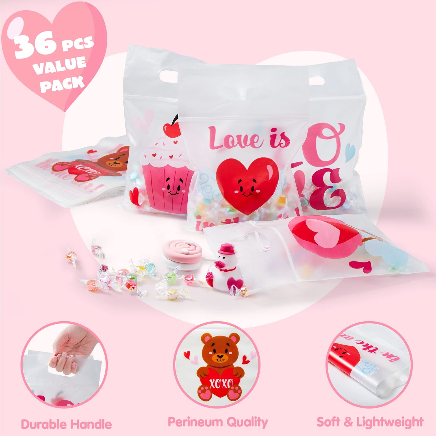 36 Pcs Valentine's Day Cellophane Bag with Designs,Candy Goody Treat Gifts Bags for Kids Classroom,Valentine Bags for Kids