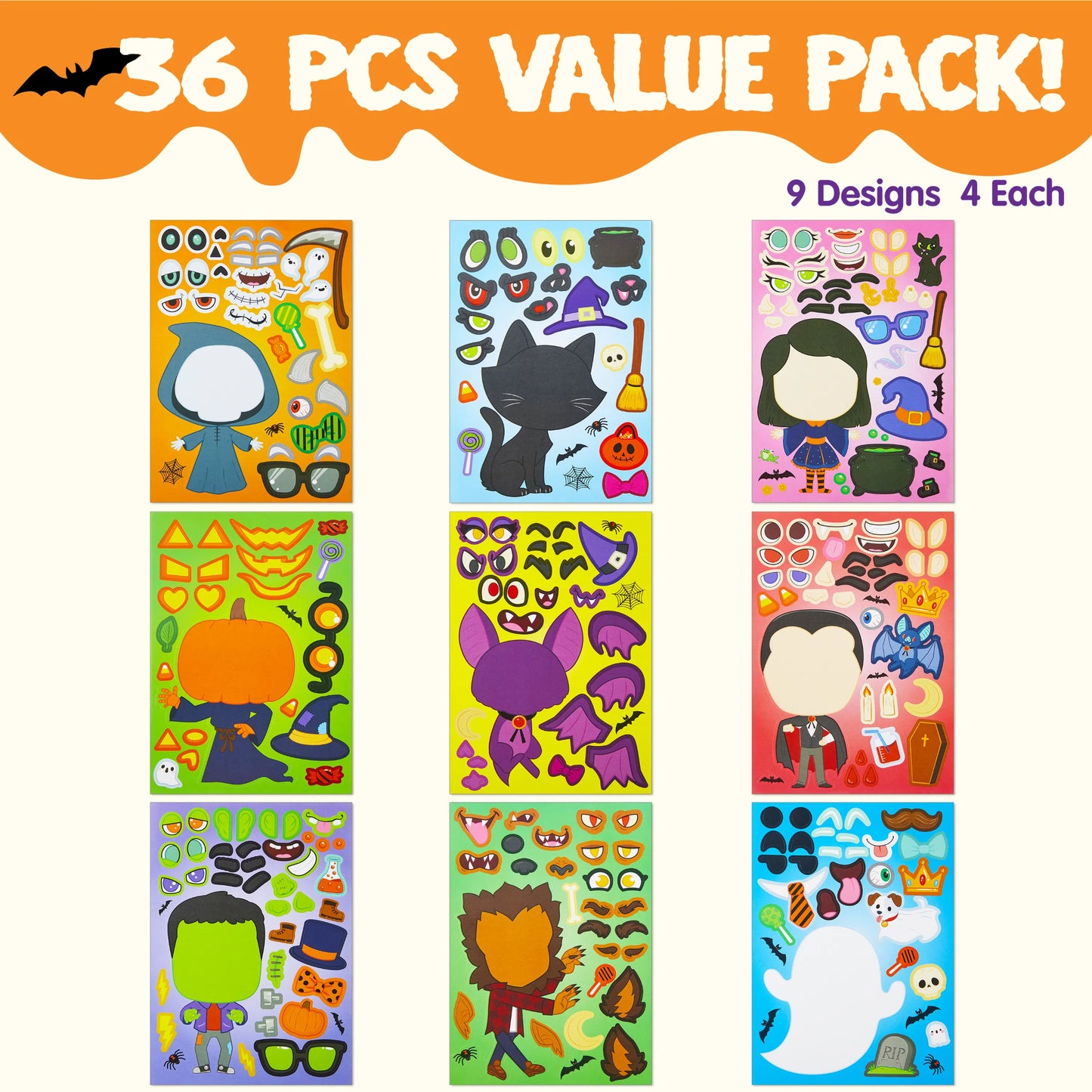 SYNCFUN 36 Pcs Halloween Stickers Make a Face Halloween Characters Stickers for Kids,Witch Vampire Self Adhesive DIY Decorations Stickers Fall Stickers Party Favors for Kids,Halloween Craft