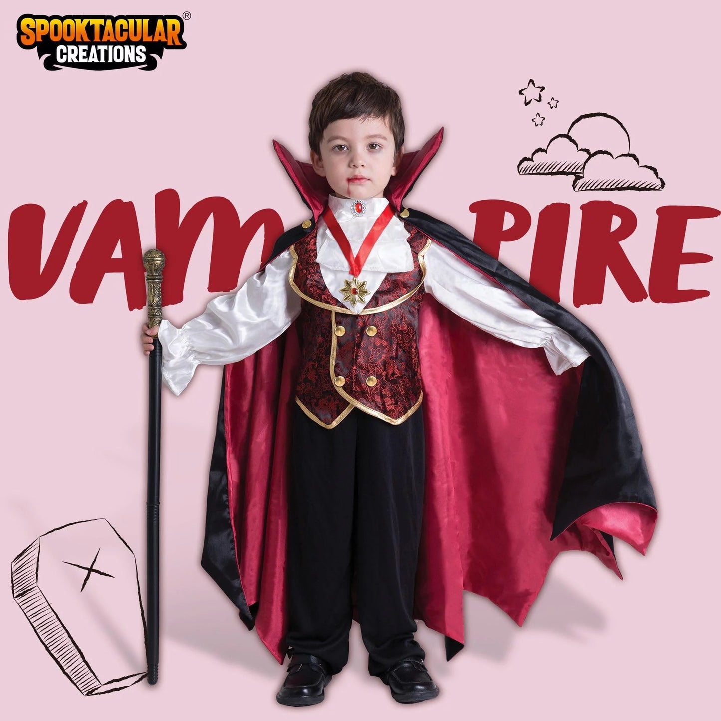 Spooktacular Creations Gothic Vampire Costume Deluxe Set for Boys, Kids Halloween Party Dress Up, Role Play Cloak and Accessories